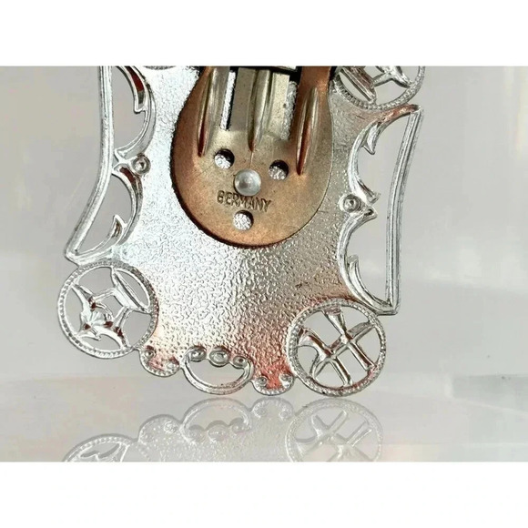 Silver Tone Filigree German Made Beaded Textured Design Vintage Scarf Clip - Picture 8 of 10